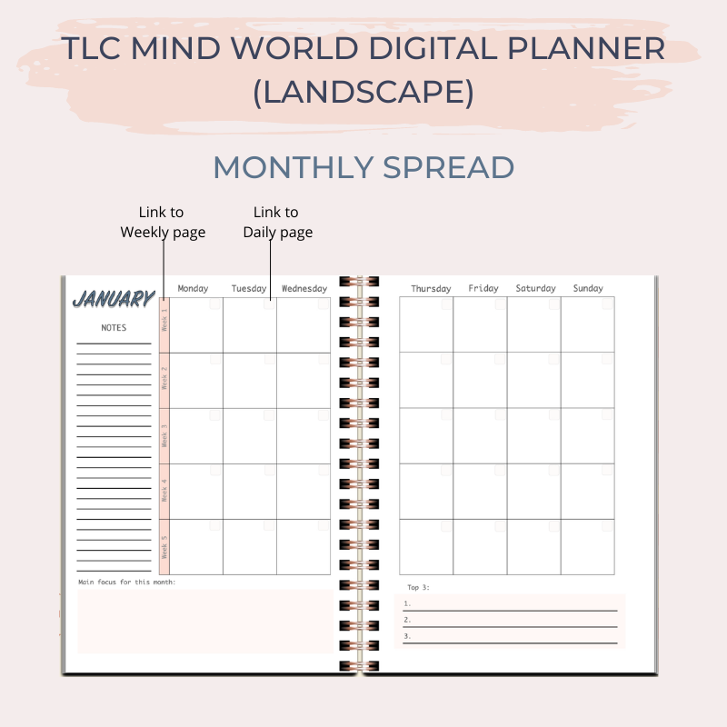 TLC MIND WORLD Undated Digital Planner (Landscape)