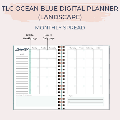 TLC OCEAN BLUE Undated Digital Planner (Landscape)