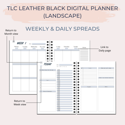 TLC LEATHER BLACK Undated Digital Planner (Landscape)