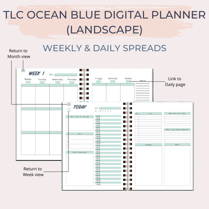 TLC OCEAN BLUE Undated Digital Planner (Landscape)